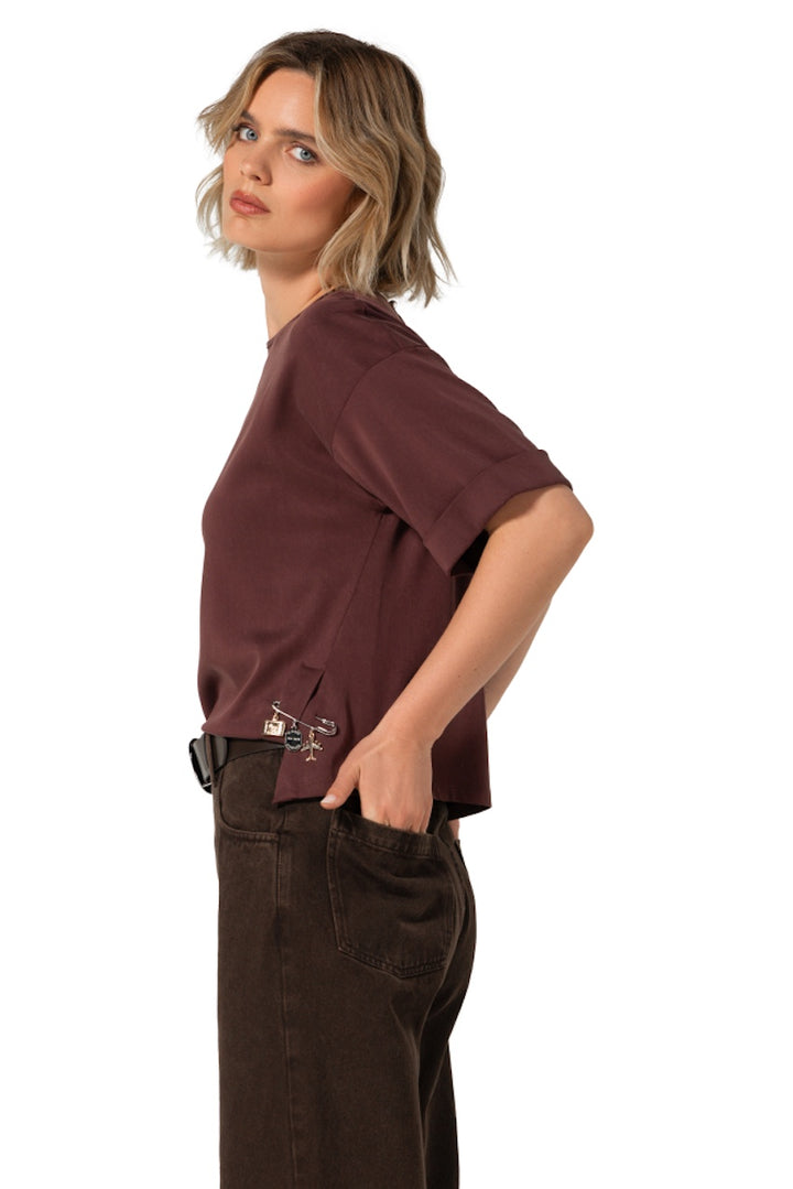 Caroline Biss women's blouse burgundy, side view on model