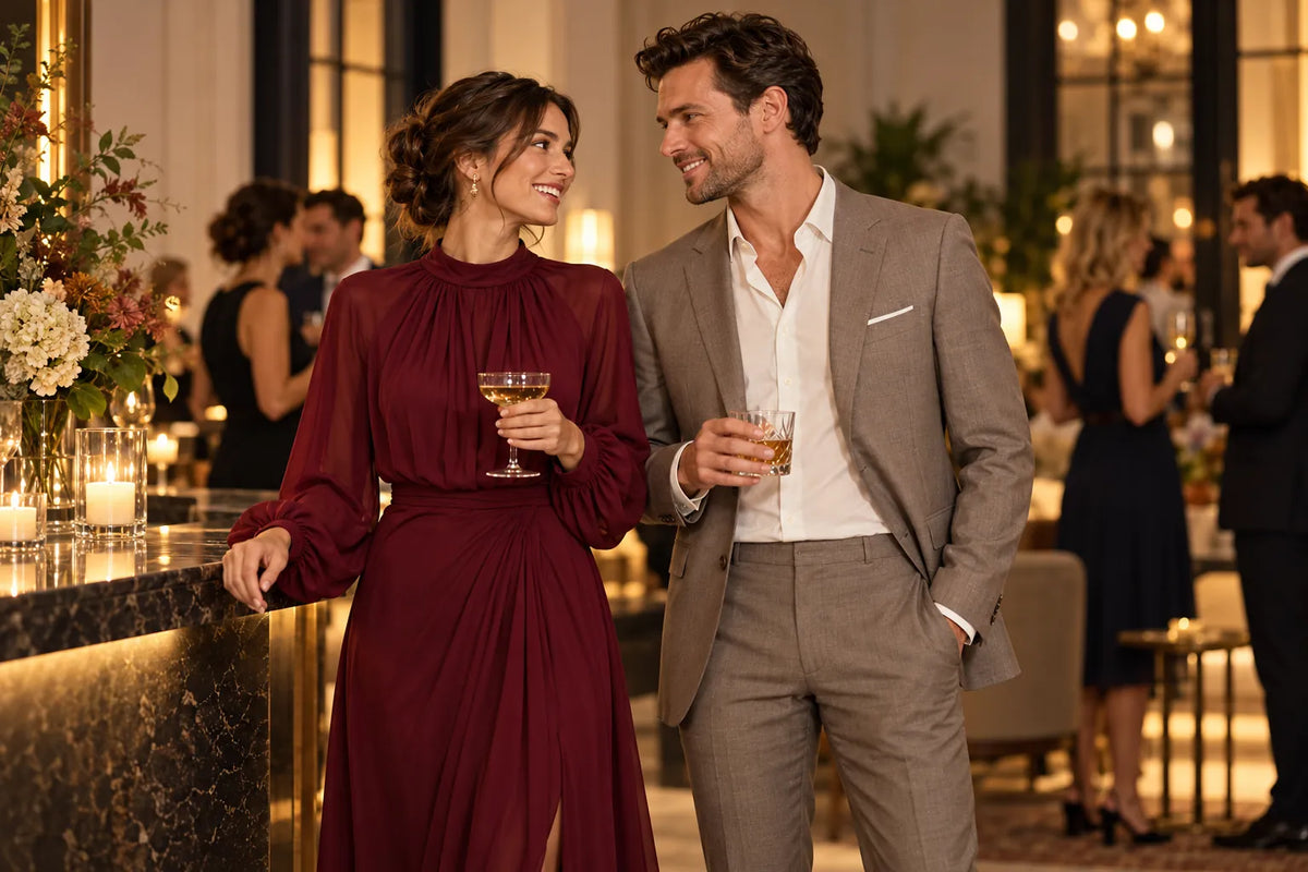 Vrouw in een bordeaux avondjurk en man in een lichtbruin kostuum op een feestelijke receptie.