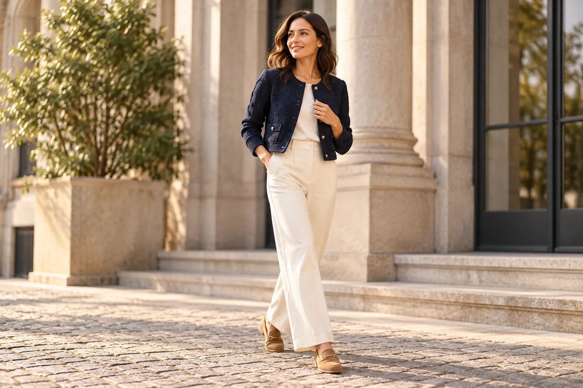 Donna con giacca corta blu scuro, pantaloni écru e mocassini color cammello.